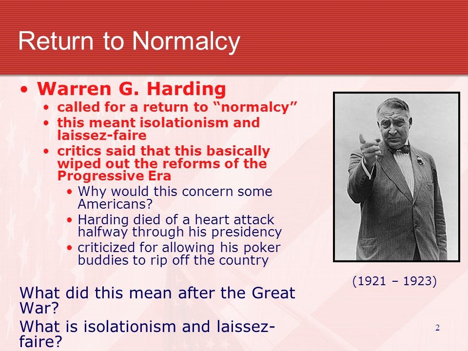 Warren g hardings domestic policy of normalcy